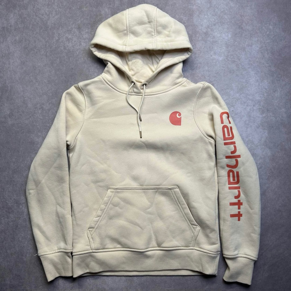 Carhartt Relaxed Fit Hoodie Cream Orange Graphic Sleeve 102791 W07 XS Mens